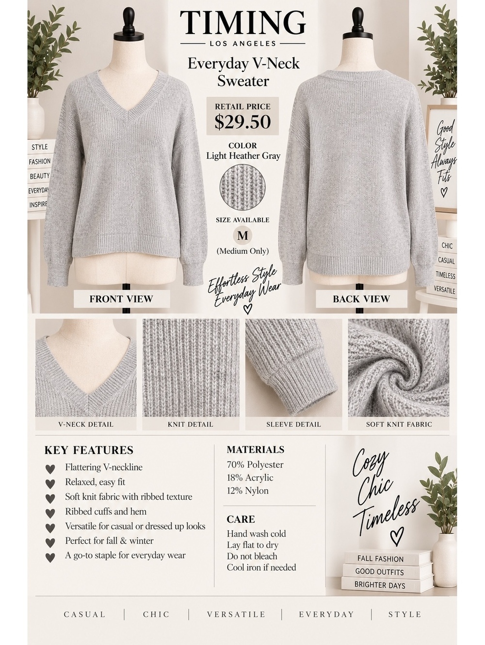 Timing Los Angeles Everyday V-Neck Sweater Light Gray